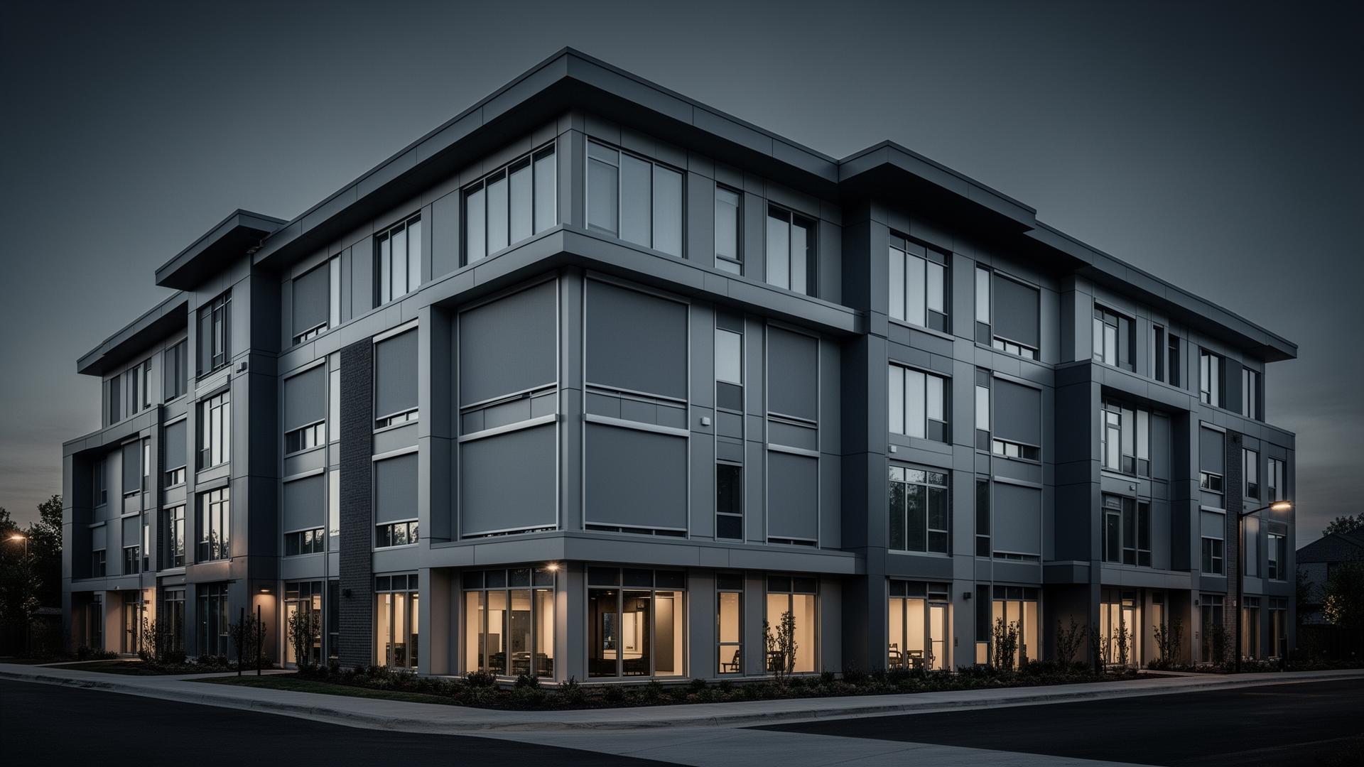 Modern multi-family building exterior at dusk with installed window treatments